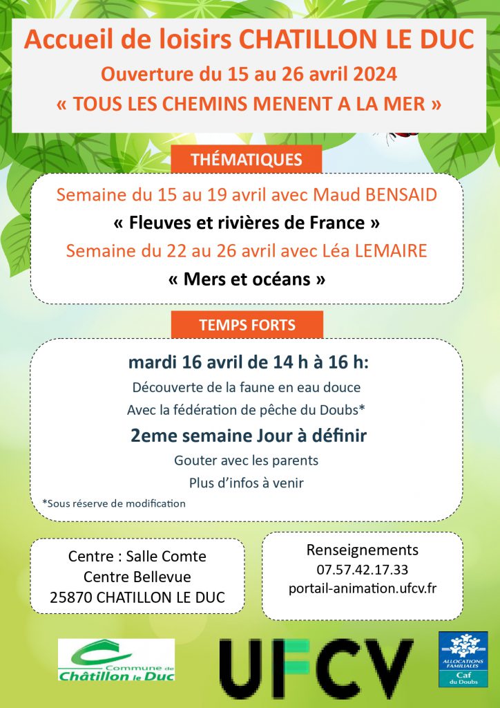 Programme des activités du centre de Chatillon-Le-Duc aux vacances de printemps